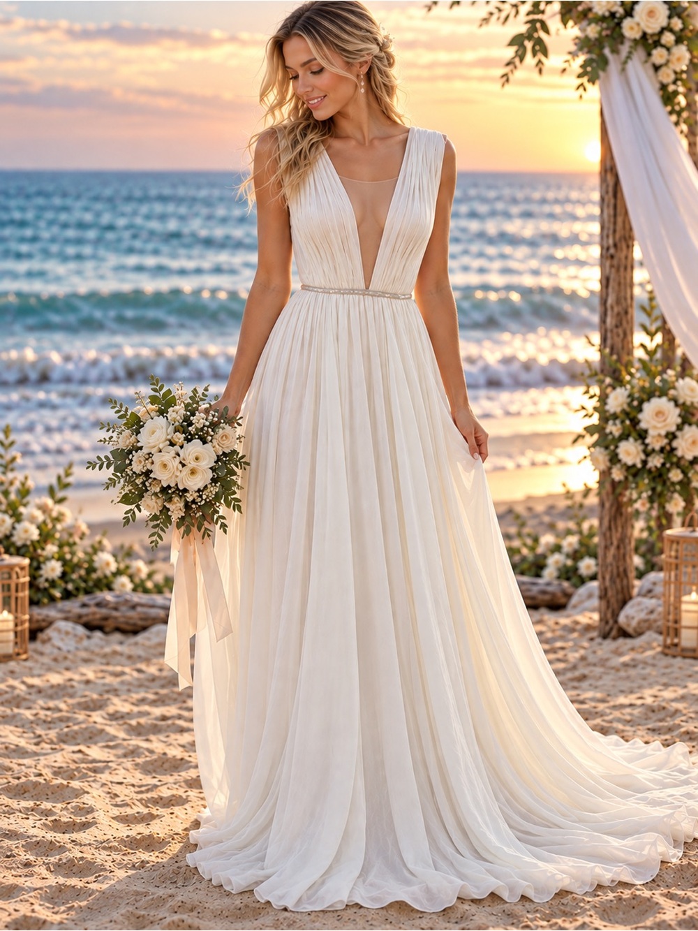 Theia Ivory Plunging V-Neck Pleated Beach Wedding Gown